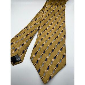 Zylos George Machado Mens Silk Tie Gold Blue Geometric Oval Pattern Classic Neck